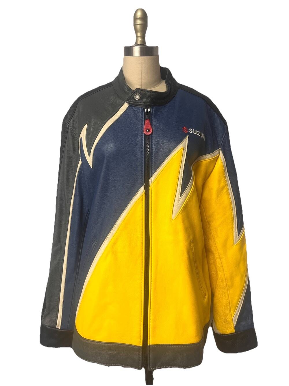 Schott Suzuki Yellow Blue Leather Cafe Racer Motorcycle Jacket Size L USA